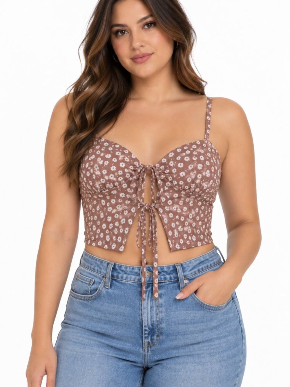 Active USA Floral Tie Front Crop Top Brown White Size L